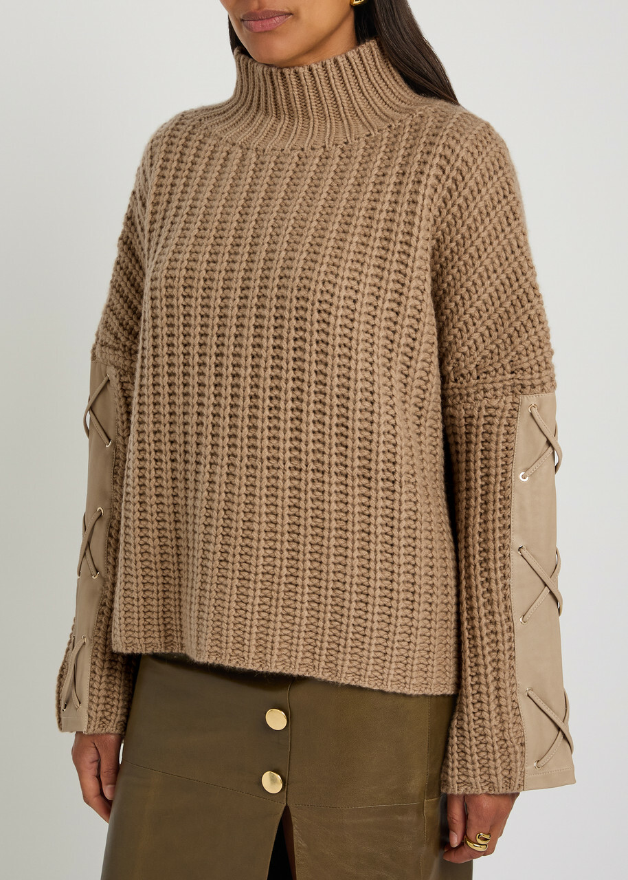 Skiim Justine Lace-up Leather and Cashmere Jumper Beige