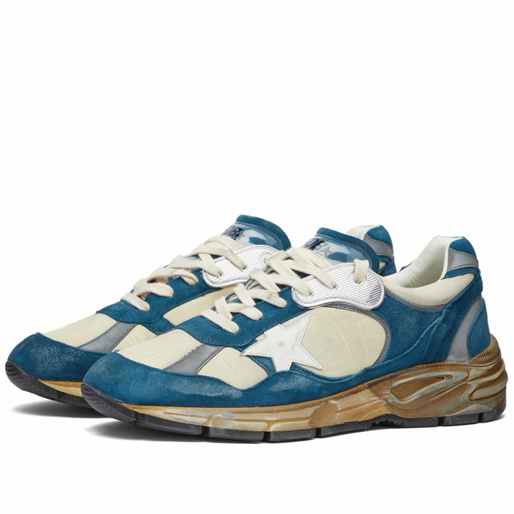 Photo: Golden Goose Men's Running Dad Sneakers in White Beige/Octane Blue/White And Silver