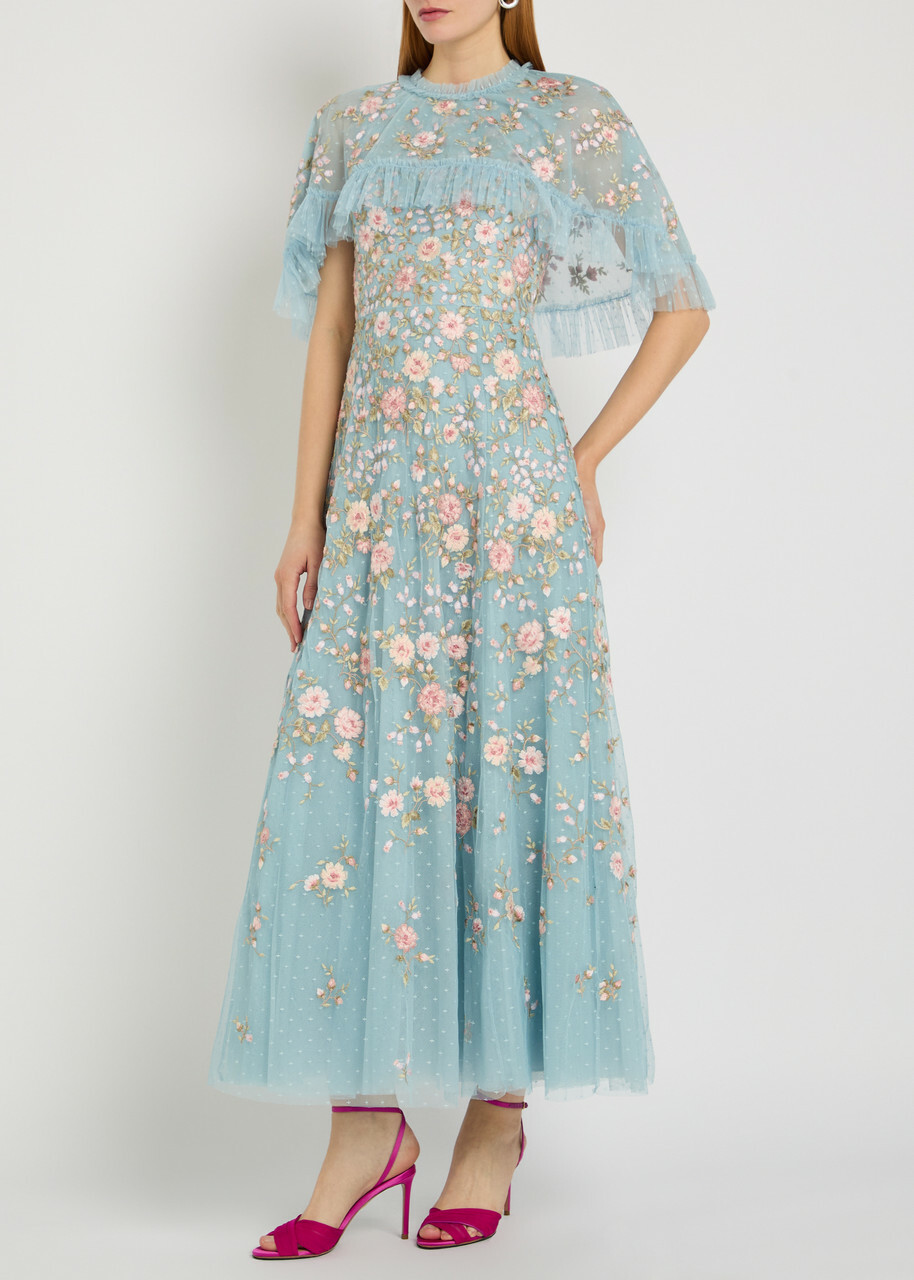 Needle & Thread Eden Rose Embroidered Cape-effect Tulle Gown Blue