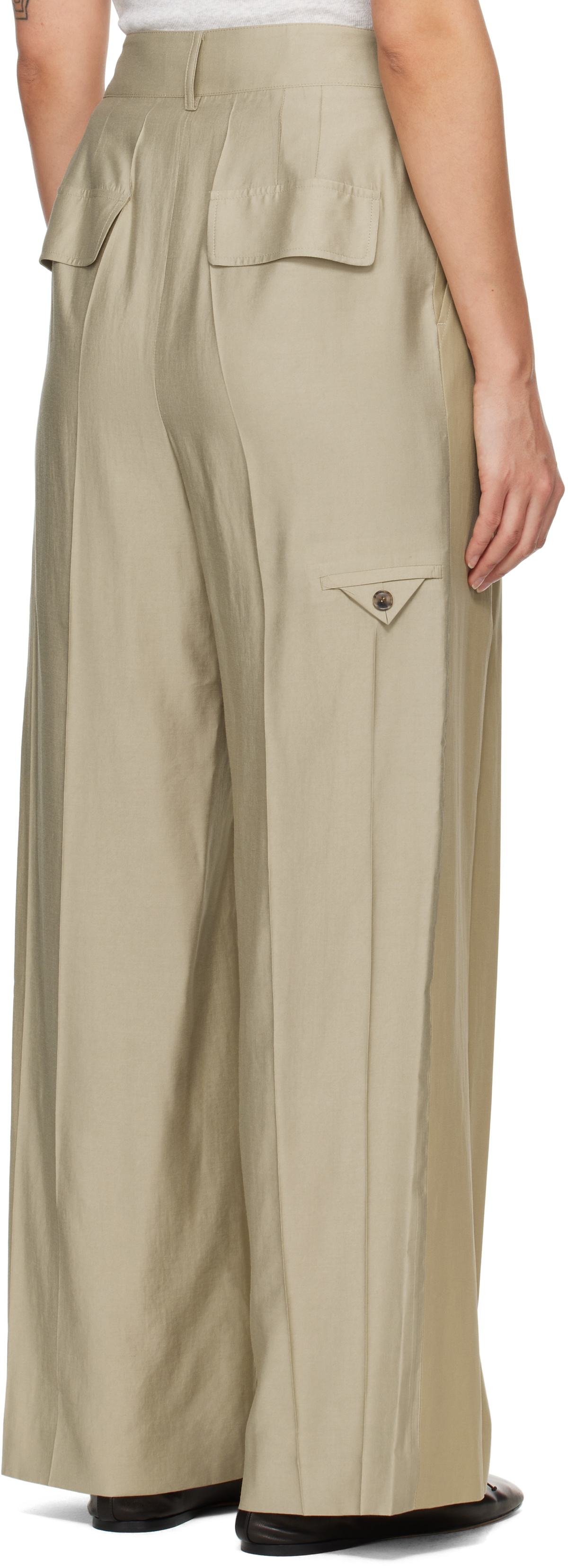 RECTO Beige Contrast Back Banding Wide Trousers