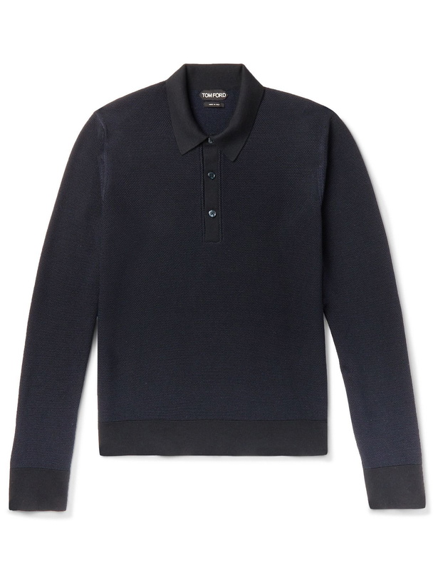 Photo: TOM FORD - Slim-Fit Textured Silk and Cashmere-Blend Polo Shirt - Blue