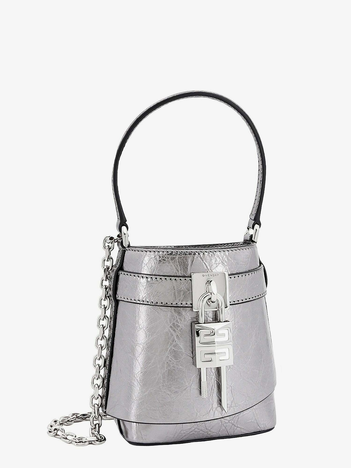 Shark Lock Micro metallic leather bucket bag in silver - Givenchy