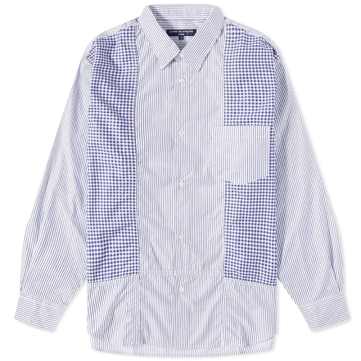 Photo: Comme Des Garçons Homme Men's Patchwork Stripe Gingham Shirt in White/Navy