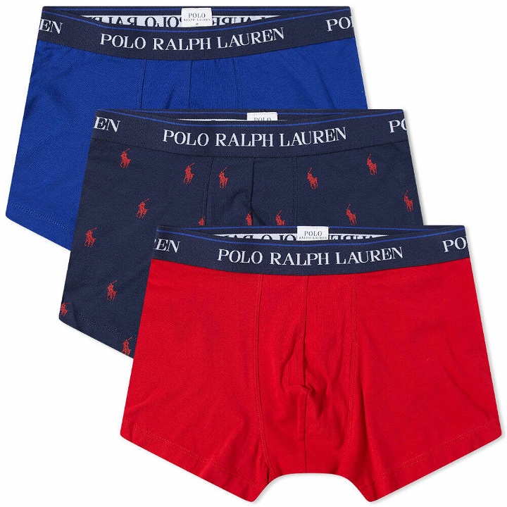 Photo: Polo Ralph Lauren Men's Cotton Trunk - 3 Pack in Navy/Royal/Red