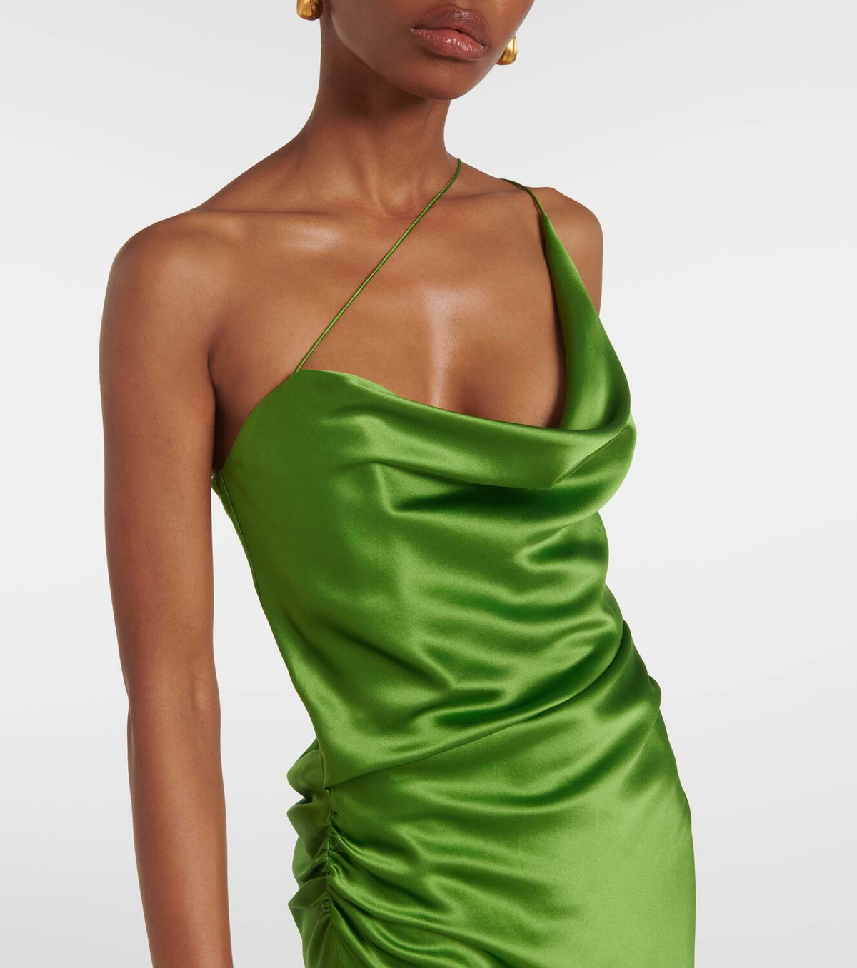 strapless open back dress Red Satin Ruched One-Shoulder Slit Wrap Bridesmaid Dress