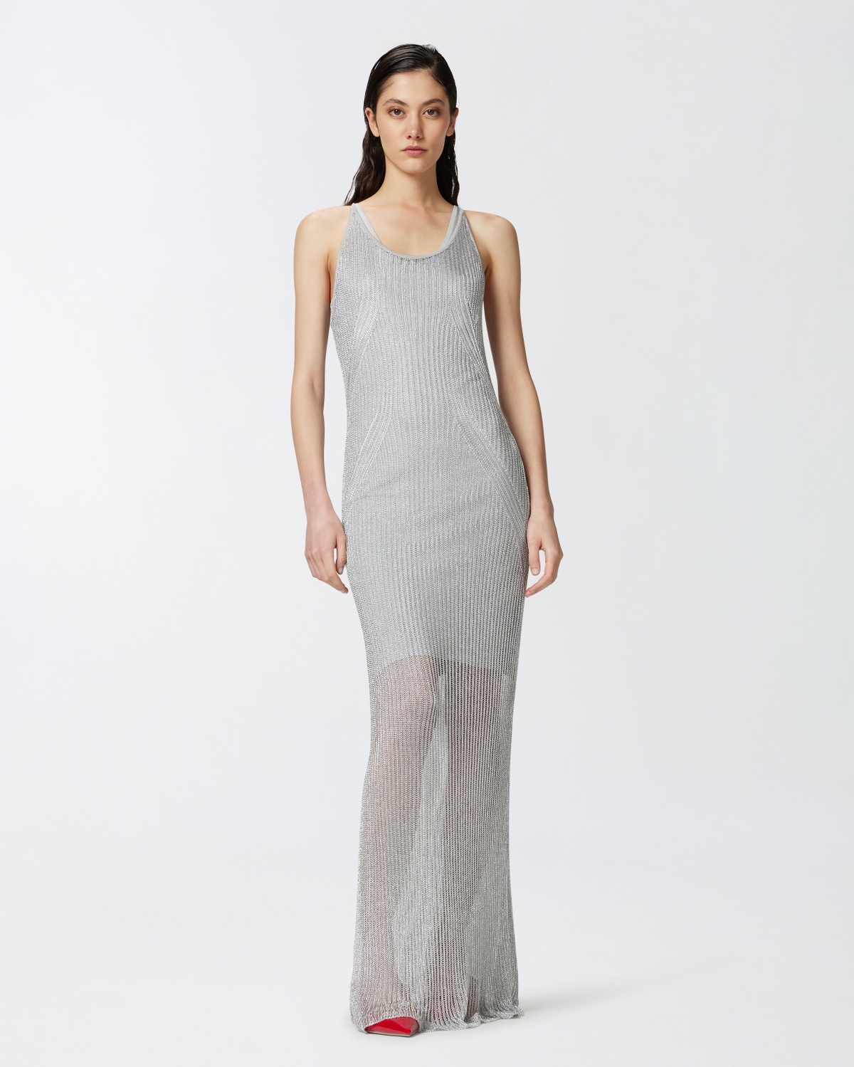 Pinko Sleeveless Dress In Metallic Ribbed Knit Pearl Grey