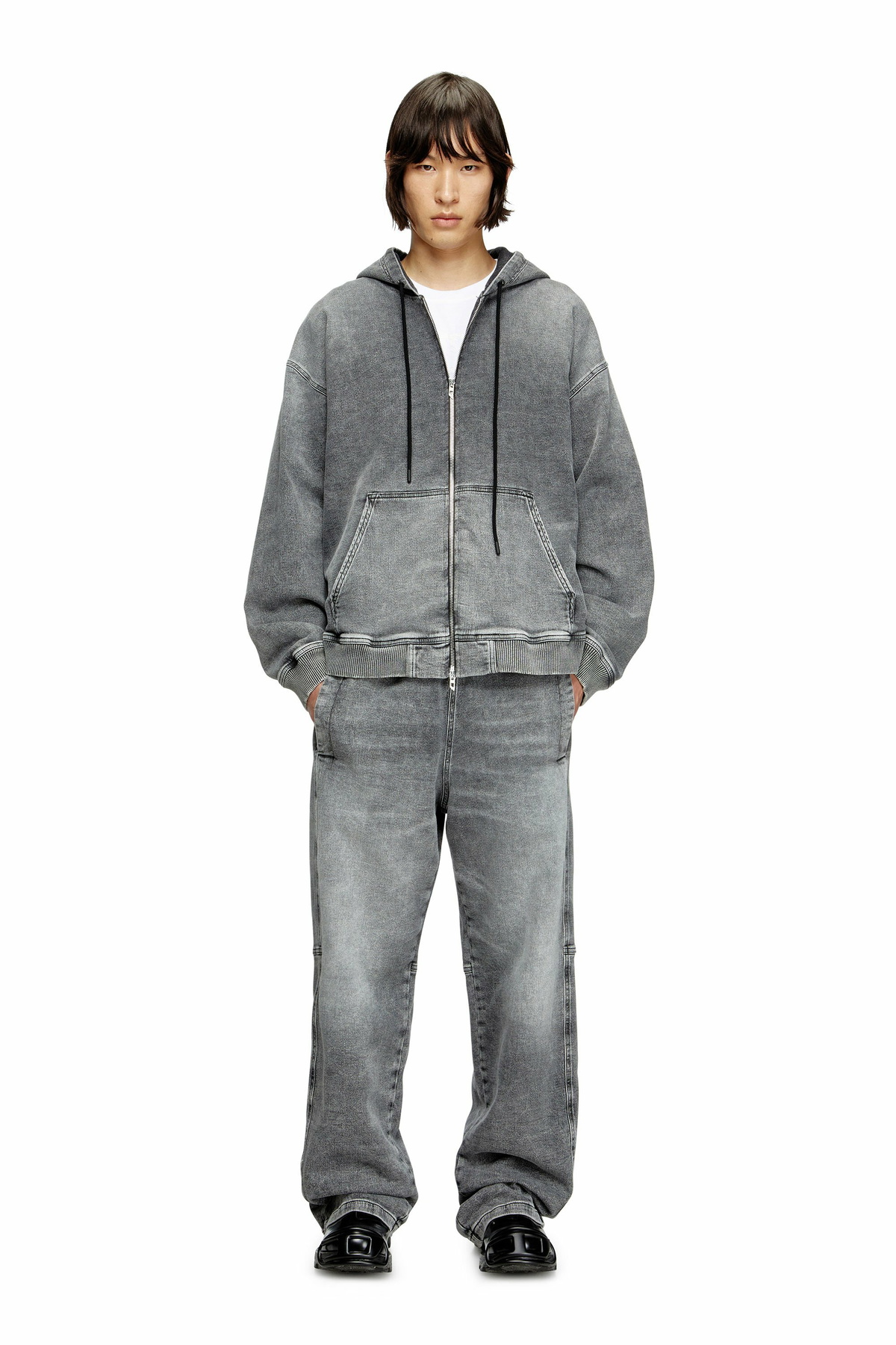 DIESEL ロゴクロップドパーカー　Track Denim Hoodie D-ANGY-HOOD-NE（WOMEN）: クロップドスリムフィットスウェット