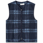 Universal Works Men's Check Wool Fleece Zip Gilet in Navy