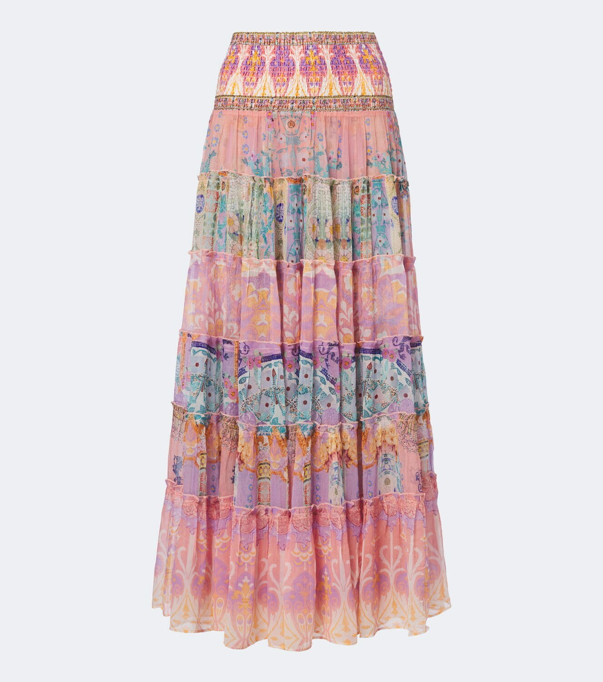 Camilla Printed tiered silk maxi skirt