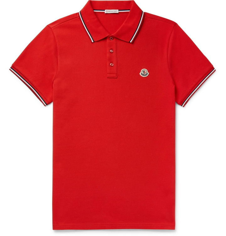 Photo: MONCLER - Slim-Fit Contrast-Tipped Logo-Appliquéd Cotton-Piqué Polo Shirt - Red