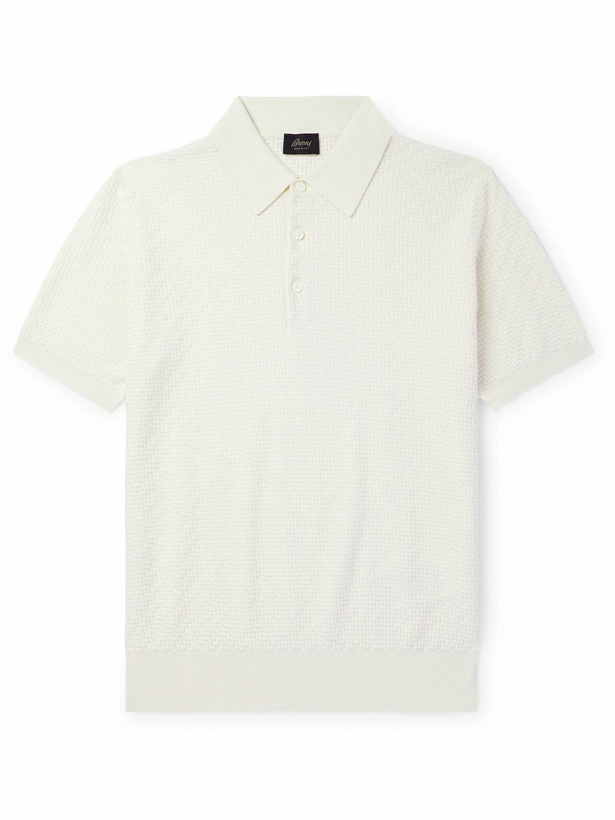 Photo: Brioni - Slim-Fit Basketweave Cotton, Silk and Cashmere-Blend Polo Shirt - White