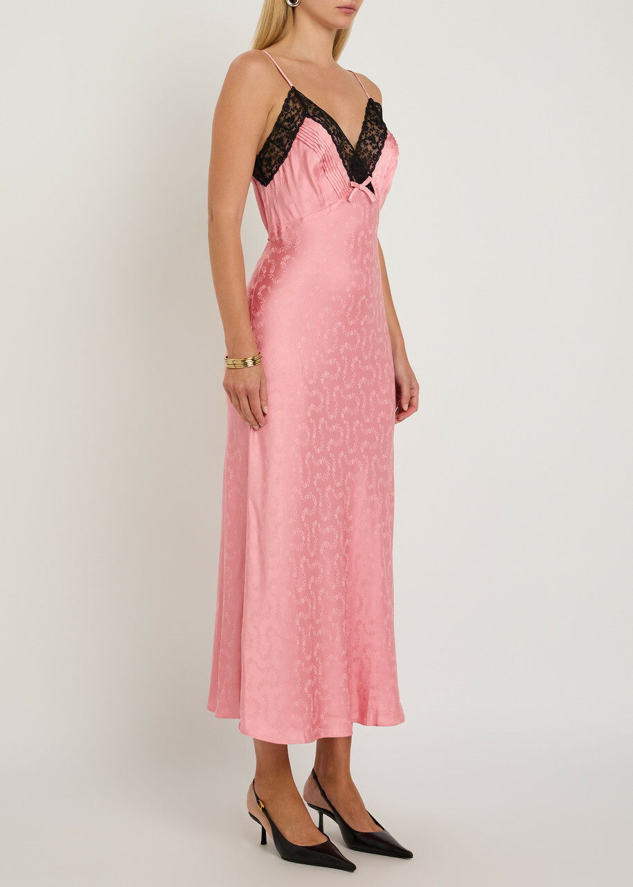 Rixo Alberta Floral-jacquard Lace and Satin Midi Slip Dress Pink