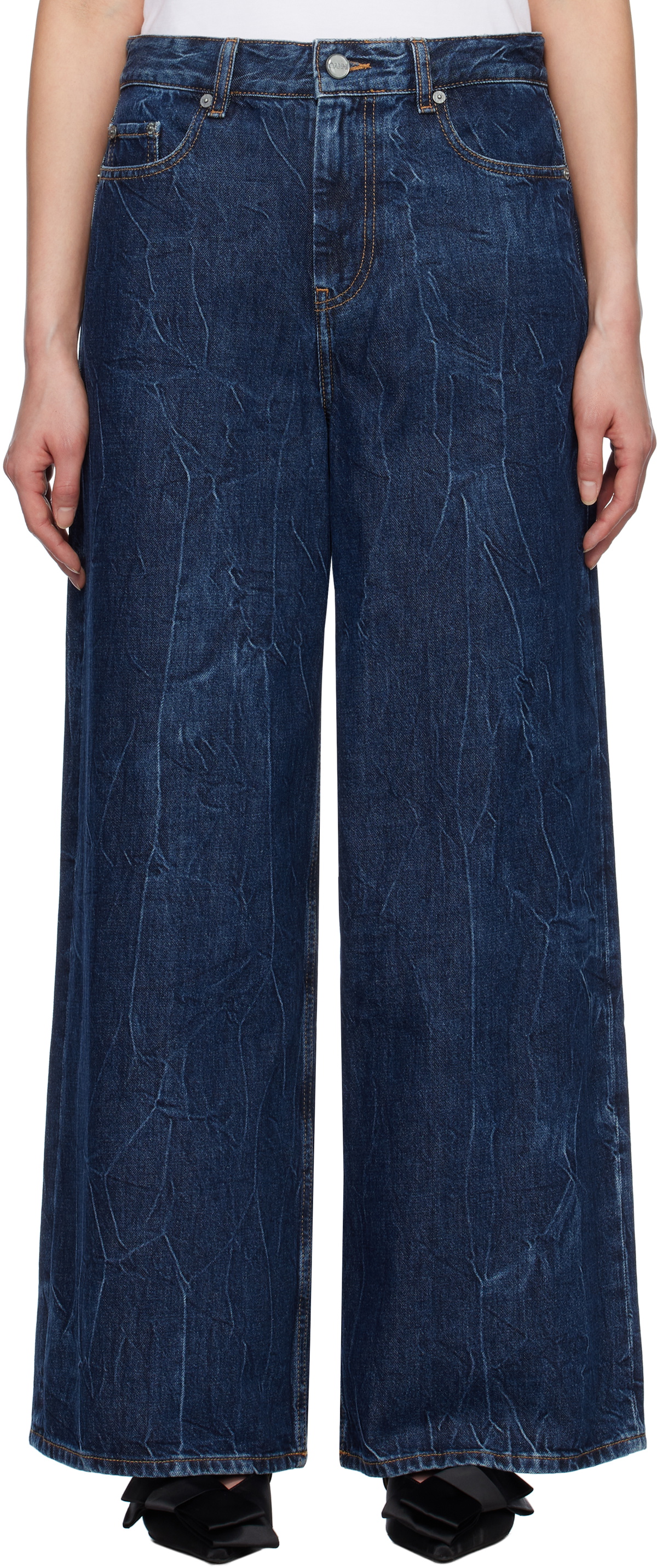 【送料&関税込】Ganni Crinkled Future Denim Marri GANNI: Navy Crinkled Future Denim Marri Jeans | SSENSE