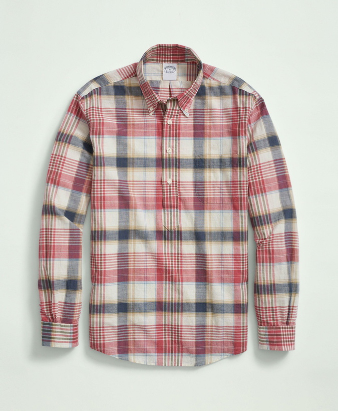 Photo: Brooks Brothers Men's Washed Cotton Madras Popover Button-Down Collar Sport Shirt | Red