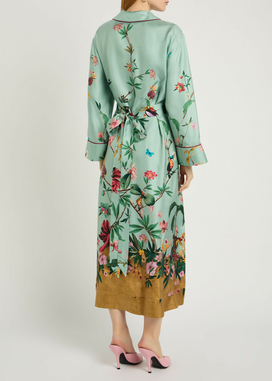 LA Double J Midnight Printed Silk Midi Wrap Shirt Dress Blue