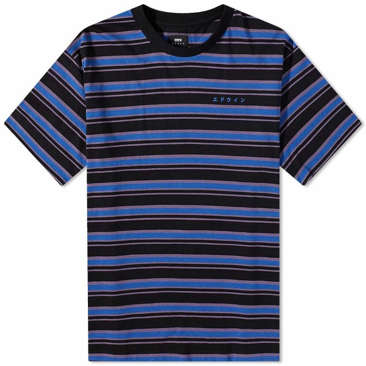 Photo: Edwin Men's Quarter Stripe T-Shirt in Black/Dazzling Blue