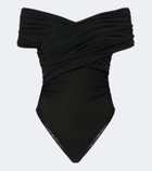 SIR Off-shoulder ruched mesh bodysuit