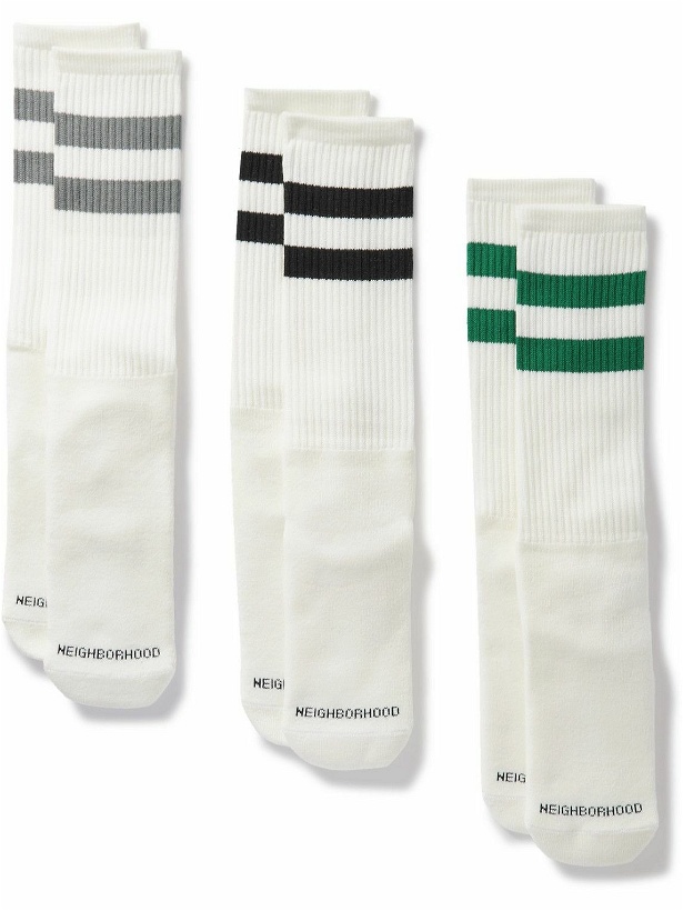 Photo: Neighborhood - Three-Pack Logo-Embroidered Striped Cotton-Blend Socks