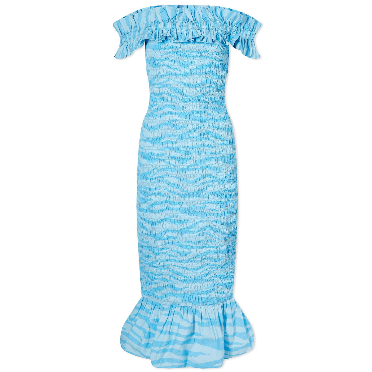 GANNI Women's Off-Shoulder Smock Midi Dress in Ethereal Blue GANNI GANNI Women's Off-Shoulder Smock Midi Dress in Ethereal Blue GANNI