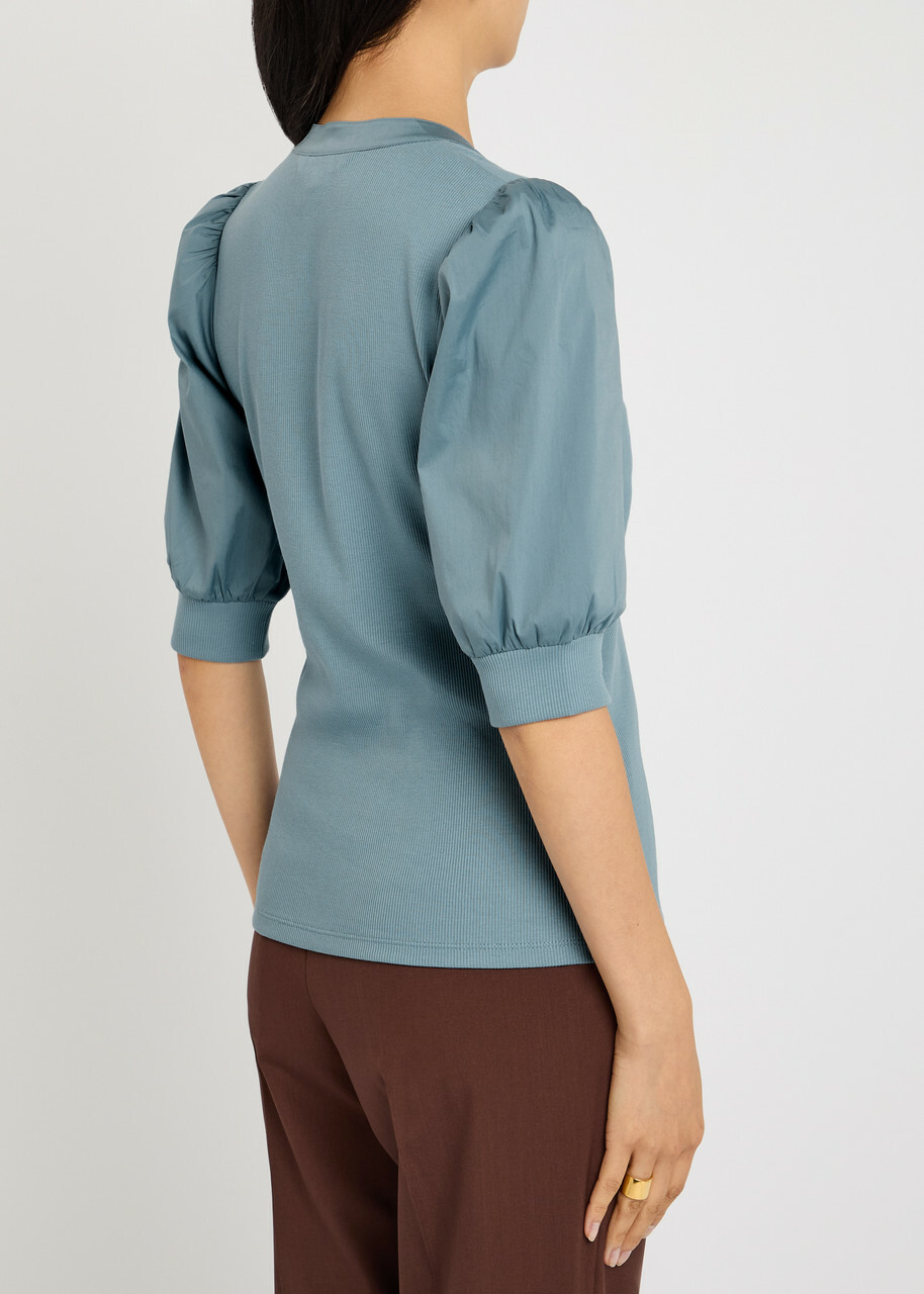 Veronica Beard Coralee Ribbed Stretch-cotton top Blue