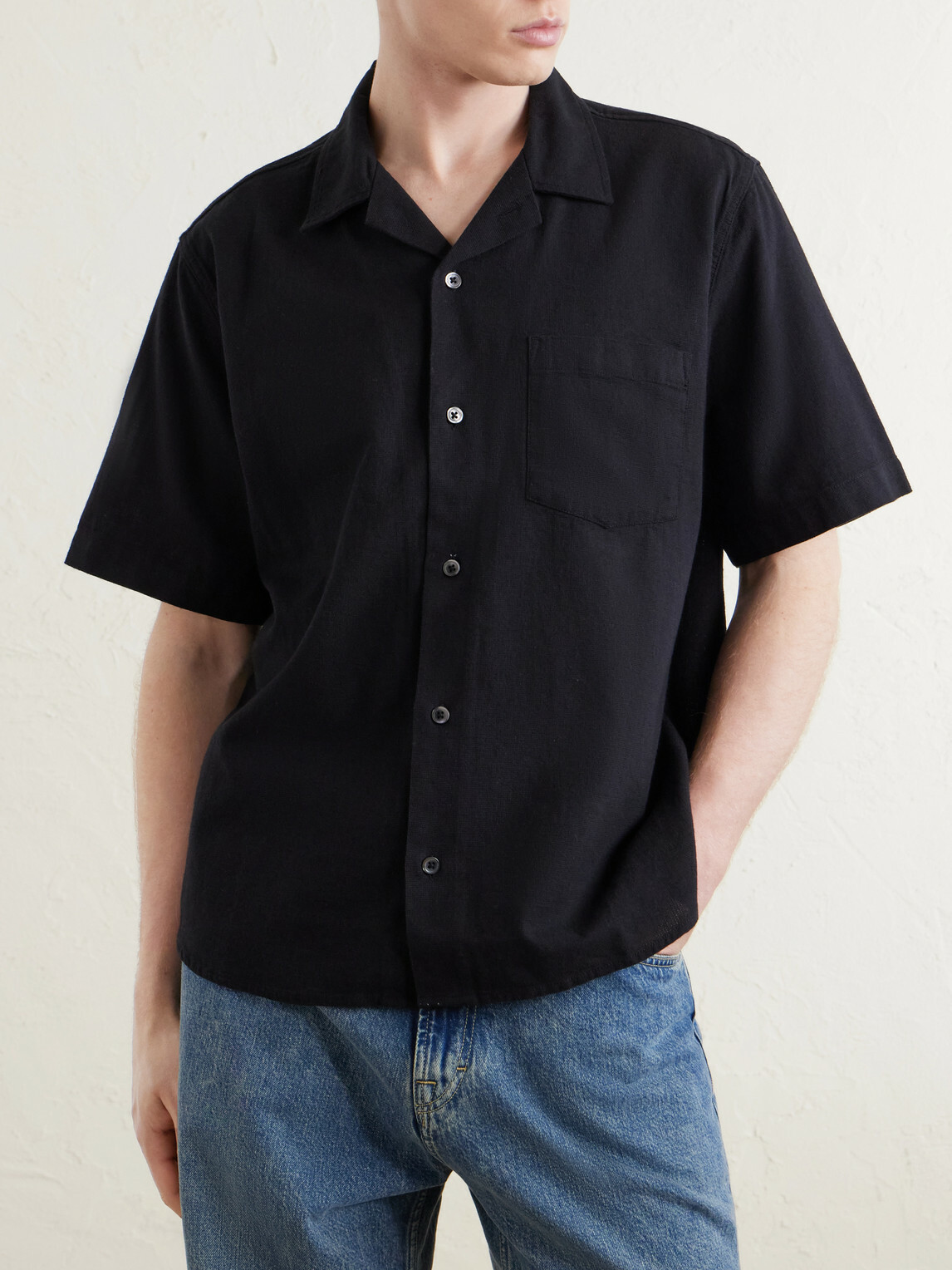 Corridor - Convertible-Collar Cotton-Hopsack Shirt - Black