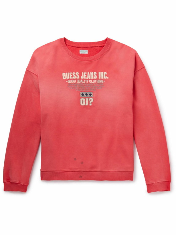Photo: Guess USA - Distressed Logo-Embroidered Cotton-Jersey Sweatshirt - Red