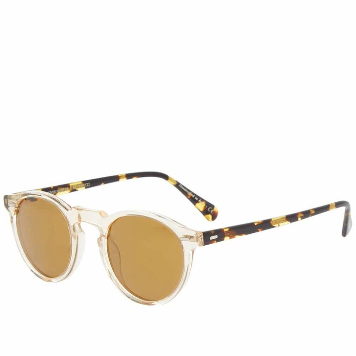 Photo: Oliver Peoples Gregory Peck Sunglasses in Buff/DTB/Gold Mirror
