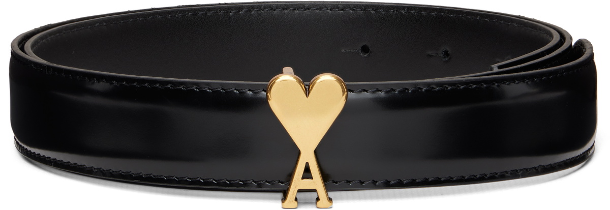 AMI Paris Black Cow Leather Ami de Coeur Buckle Belt