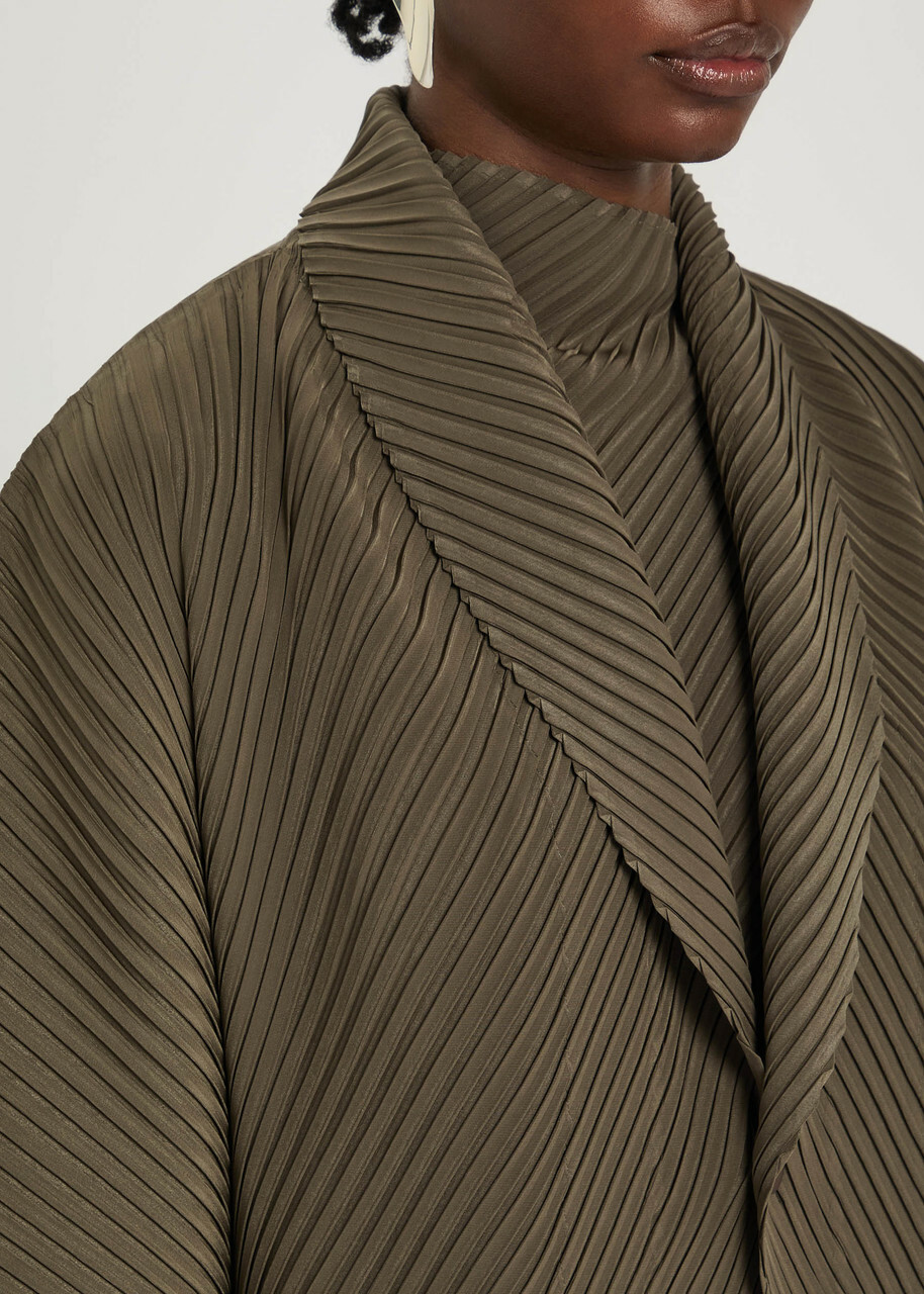 Issey Miyake Pleated Satin-plissé Cardigan Khaki