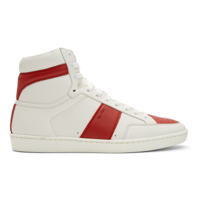 Photo: Saint Laurent White and Red Court Classic SL/10 High-Top Sneakers