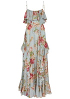 Zimmermann Roselight Floral-print Ruffled Silk Maxi Dress Blue