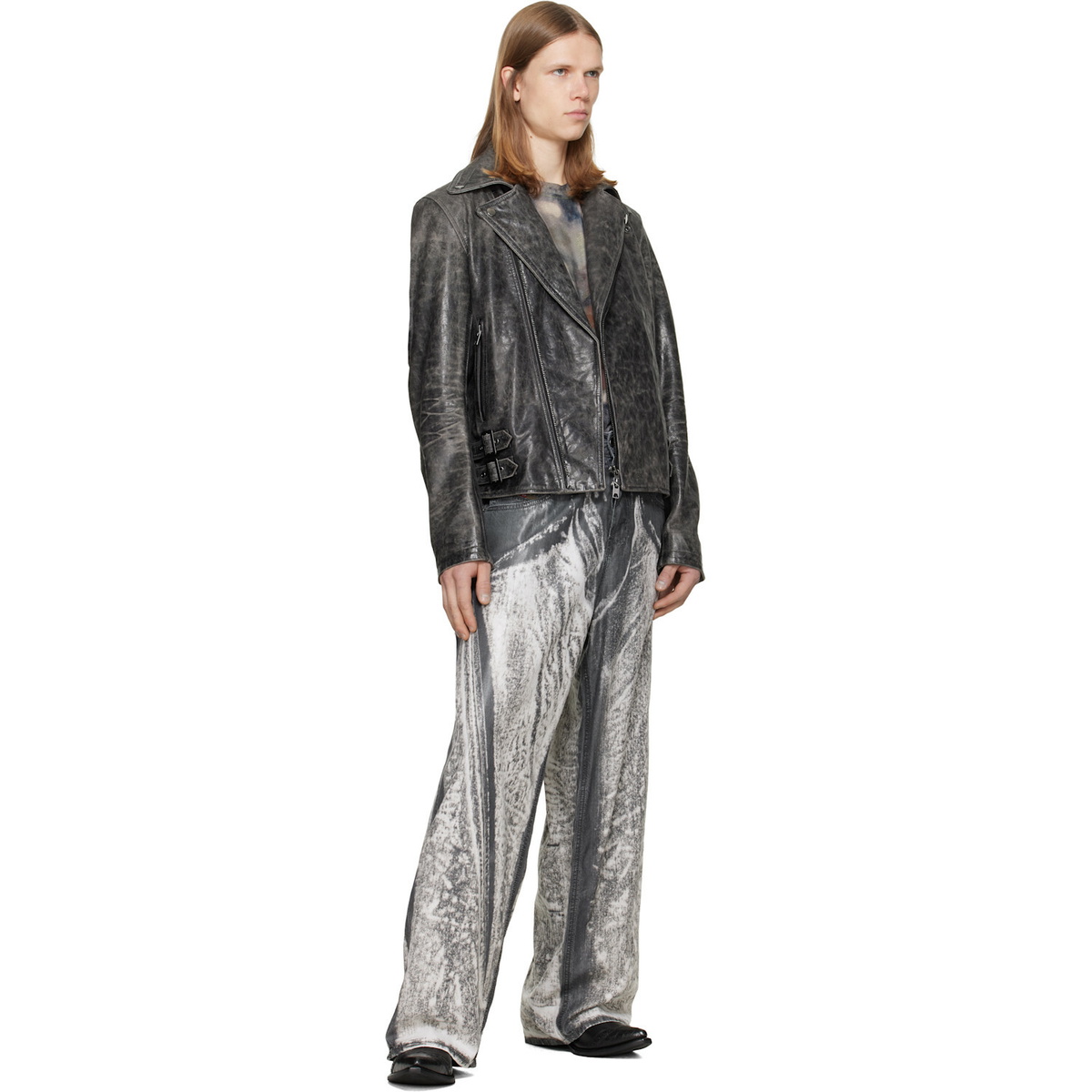 Diesel Gray Treated Leather Biker Jacket