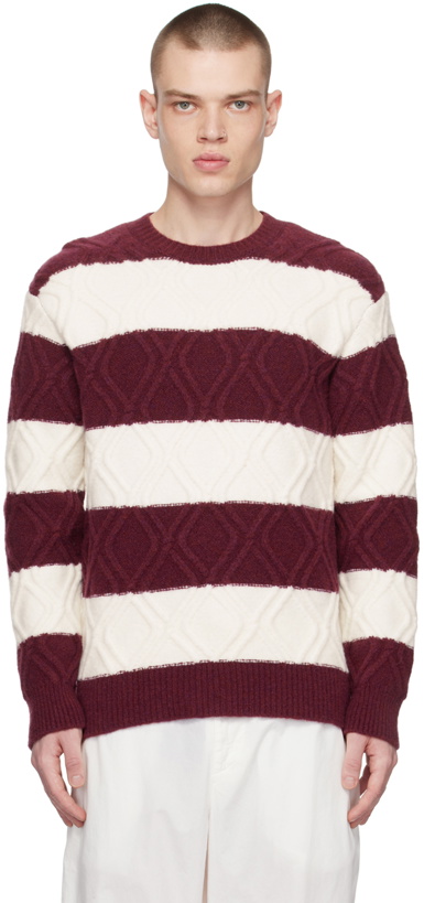 Photo: Dries Van Noten Off-White & Burgundy Striped Sweater