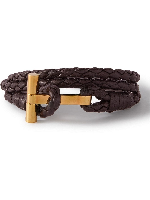 Photo: TOM FORD - Woven Leather and Gold-Plated Wrap Bracelet - Brown