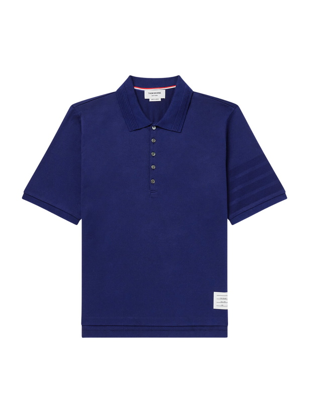 Photo: Thom Browne - Striped Logo-Appliqué Cotton-Jersey Polo Shirt - Blue