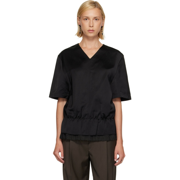 Photo: TOTEME Black V-Neck Satin Pullover Top