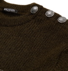 Balmain - Slim-Fit Buttoned Striped Metallic Knitted Sweater - Men - Green