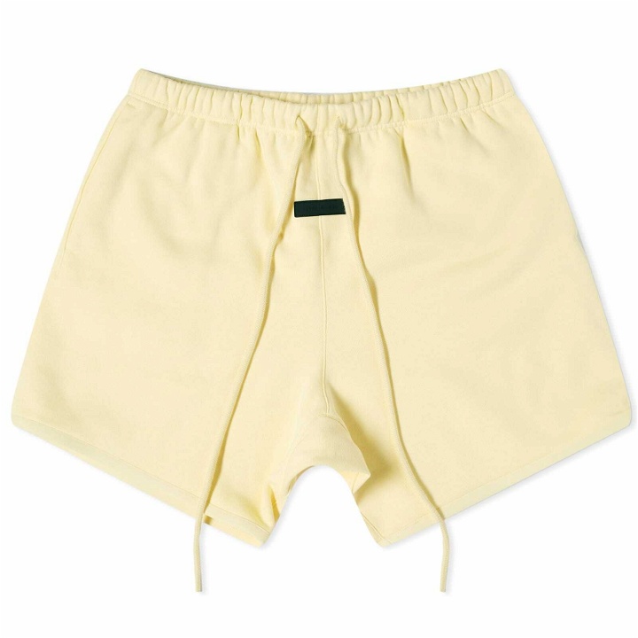 Photo: Fear of God ESSENTIALS Men's Spring Tab Detail Sweat Shorts in Garden Yellow