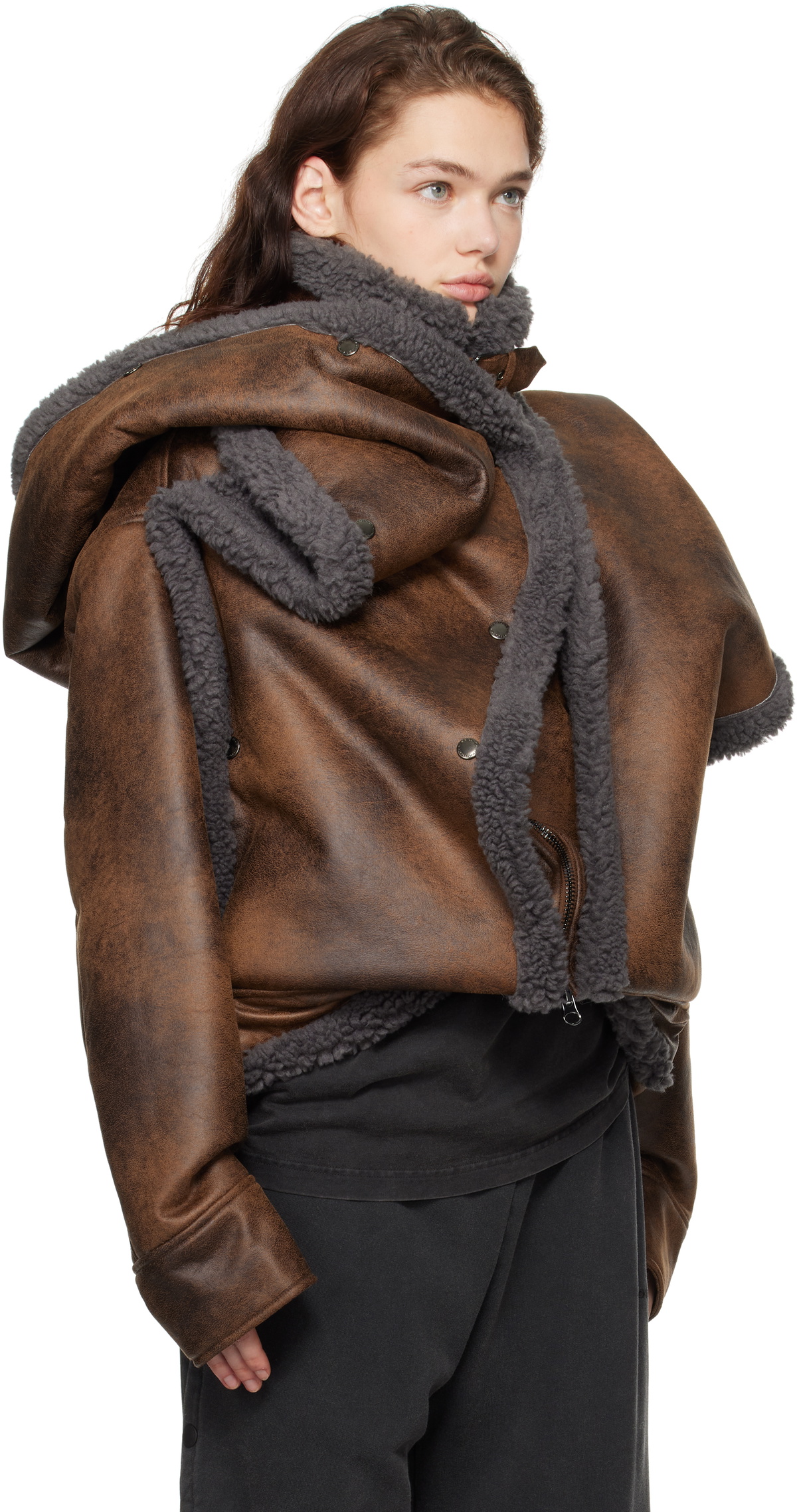 Y/Project Brown Snap Off Panel Hood Aviator Faux-Shearling Jacket