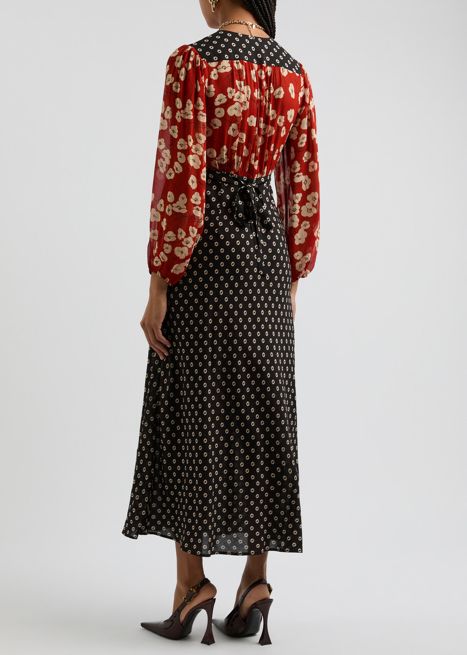 Rixo Kaila Patchwork Floral-print Midi Dress Black Rixo