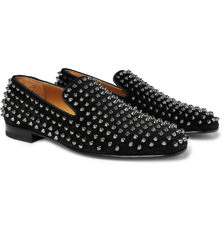 Photo: Christian Louboutin - Rollerboy Spikes Grosgrain-Trimmed Suede Loafers - Black