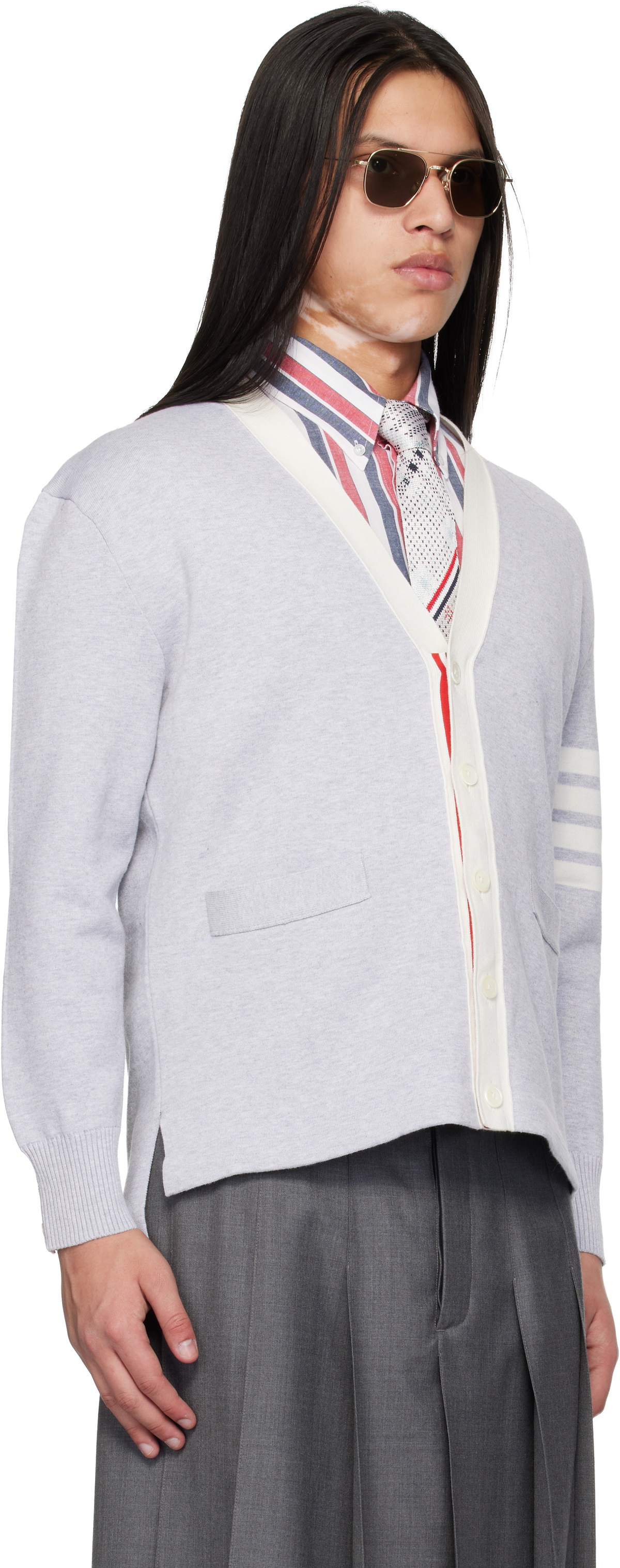 Thom Browne Gray Crest Intarsia Jacquard 4-Bar Rugby Fit Cardigan