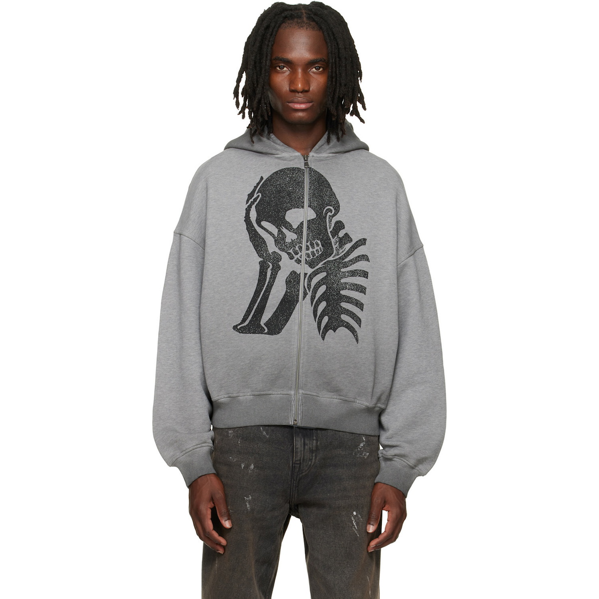 Palm Angels Gray Skull Zipped Loose Hoodie