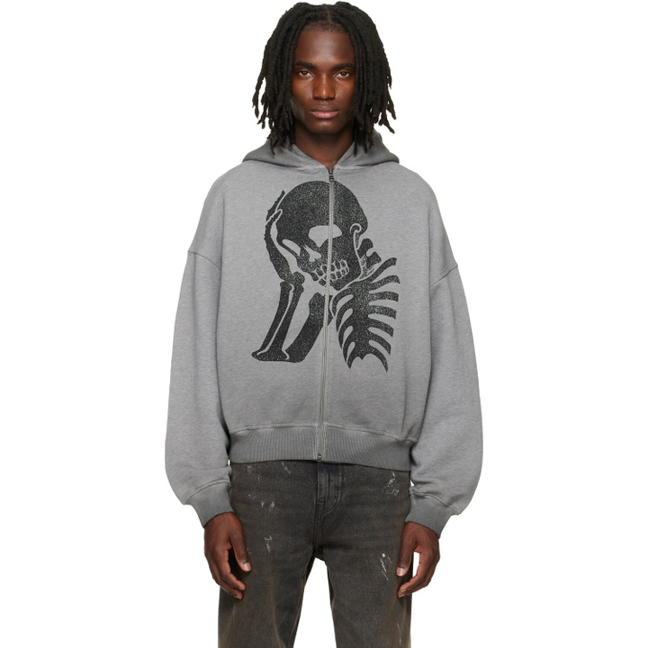 Photo: Palm Angels Gray Skull Zipped Loose Hoodie