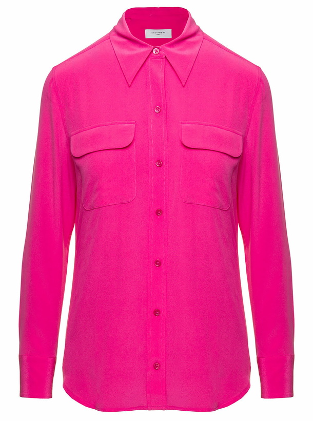 Photo: Equipment slim Signature Fuchsia Long Sleeve Shirt With Pockets In Silk Woman