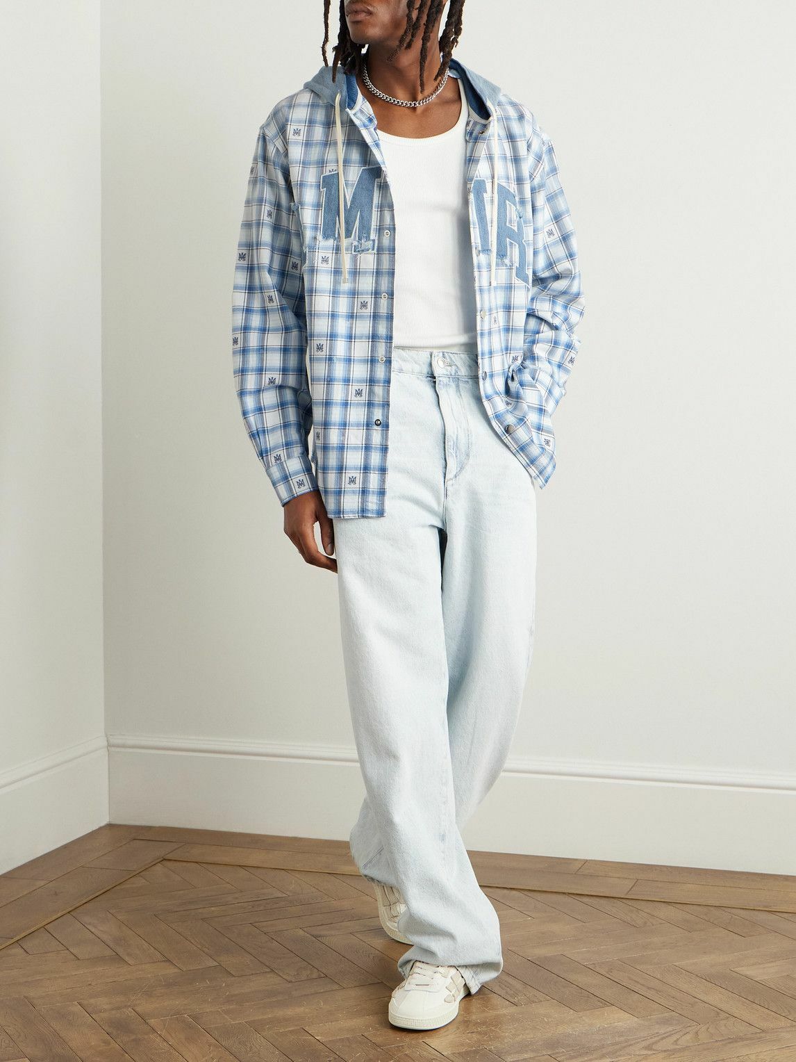 AMIRI - Denim-Trimmed Logo-Appliquéd Checked Cotton-Flannel Hooded