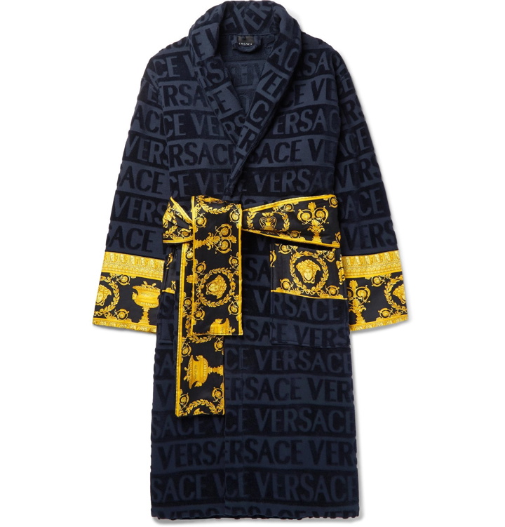 Photo: Versace - Satin-Trimmed Logo-Jacquard Cotton-Terry Robe - Blue