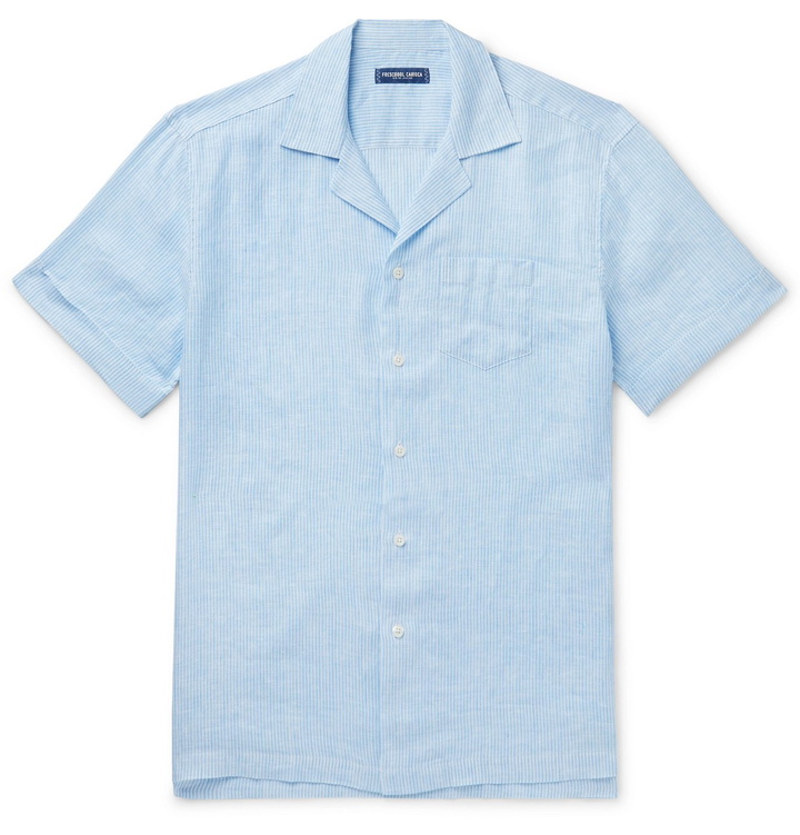 Photo: Frescobol Carioca - Thomaz Camp-Collar Striped Linen Shirt - Blue