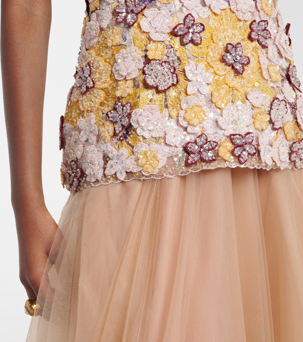 Costarellos Theia floral-appliqué sequined tulle gown
