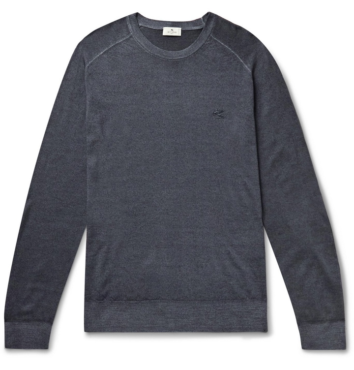 Photo: ETRO - Slim-Fit Logo-Embroidered Mélange Wool Sweater - Blue